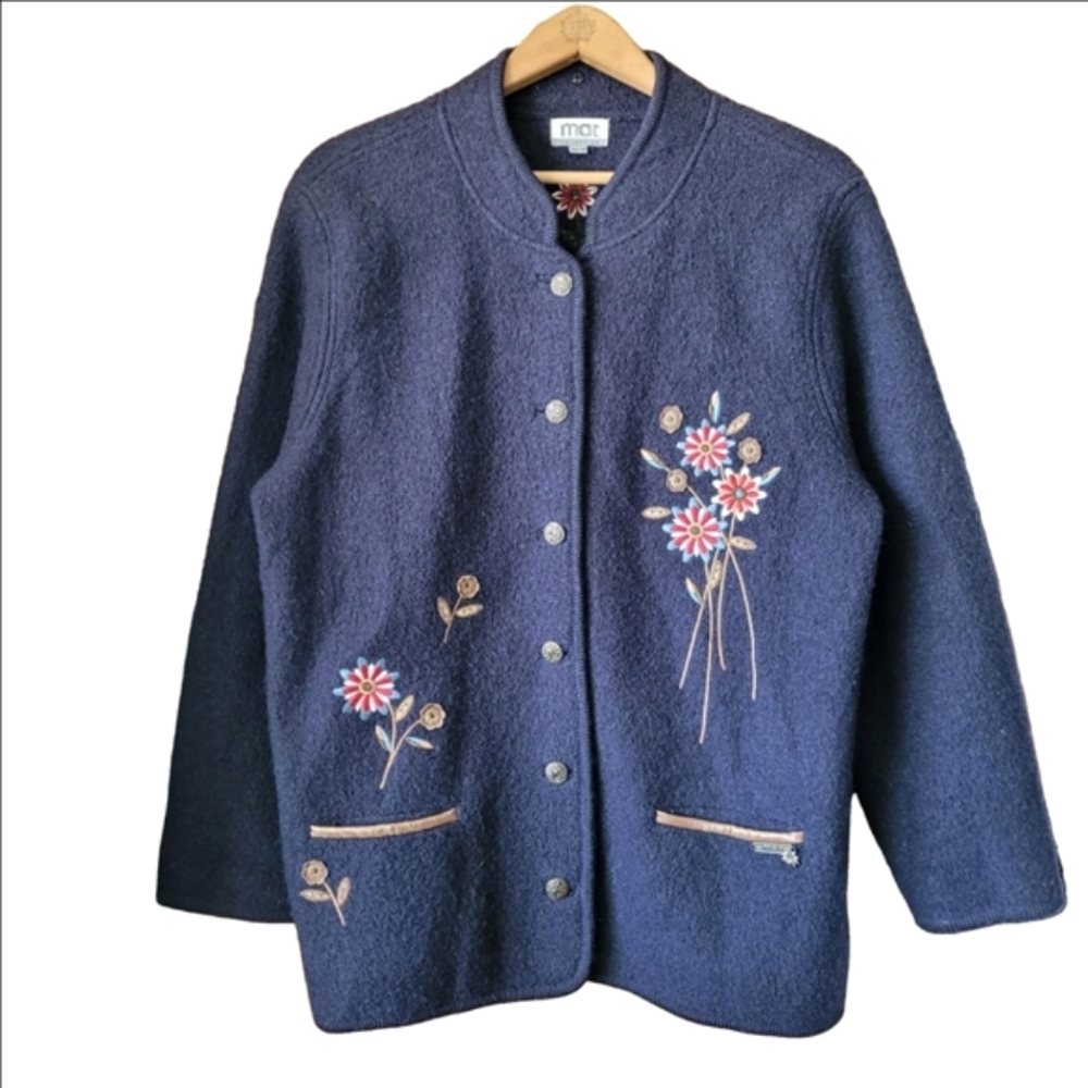 Vintage 100% Wool Floral Embroidered Jacket Boho Cottagecore Navy Blue Medium